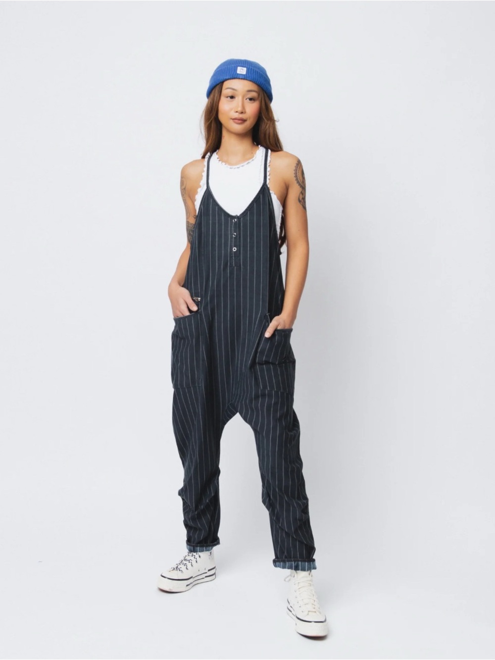 RAGS Women’s Tank Romper–Black Denim Pinstripe–NWT
